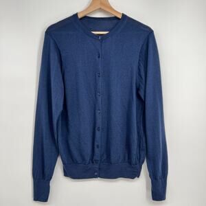Muji 100% Wool Cardigan Sweater Womens L Navy Blue Washable Button Crew Neck